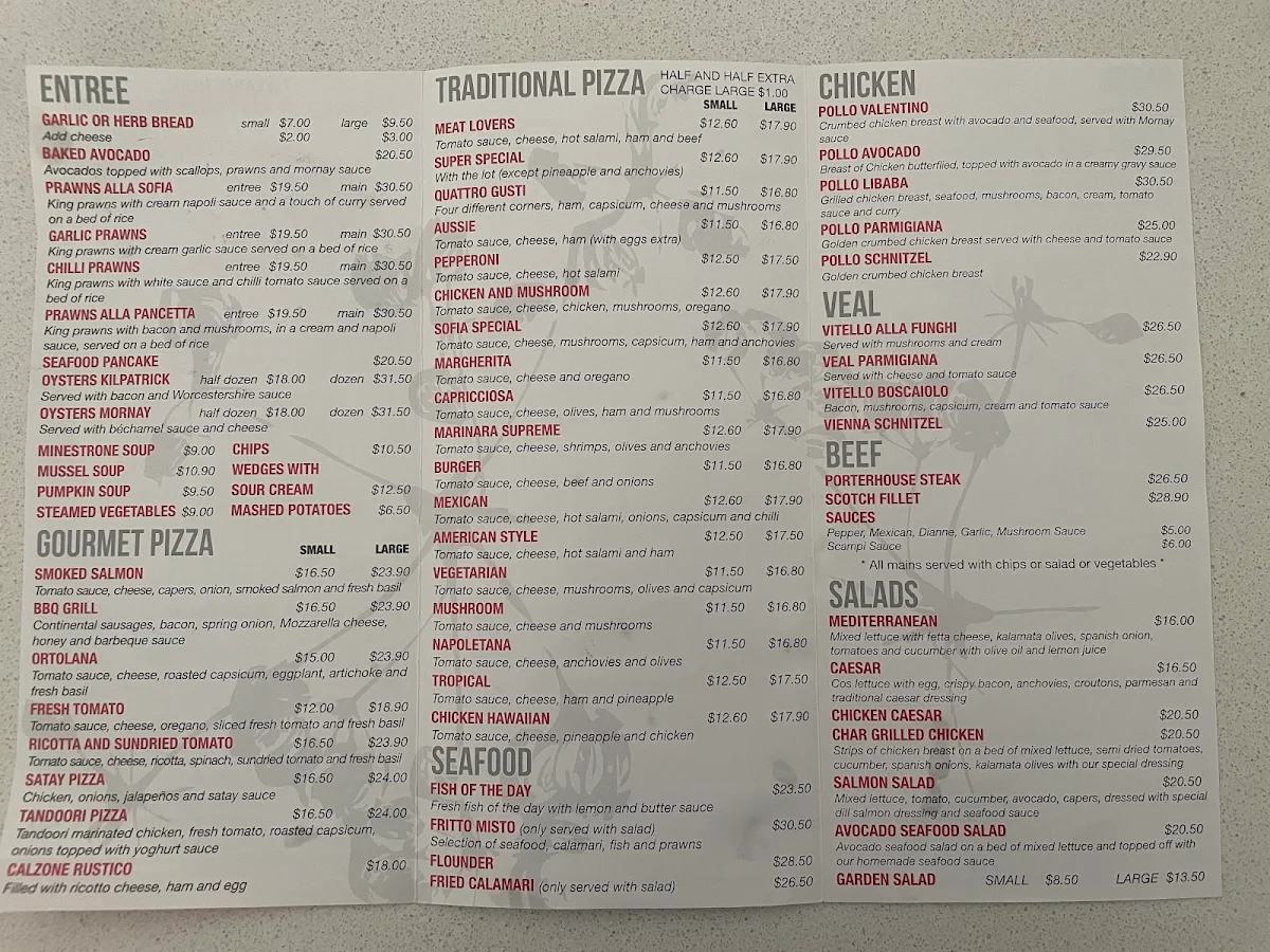 Menu, Sofia Burwood Italian Pizza Restaurant