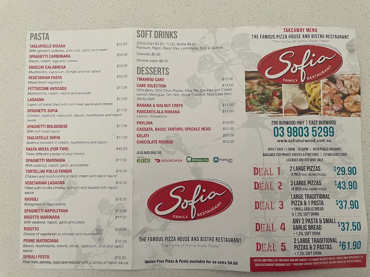 Menu, Sofia Burwood Italian Pizza Restaurant
