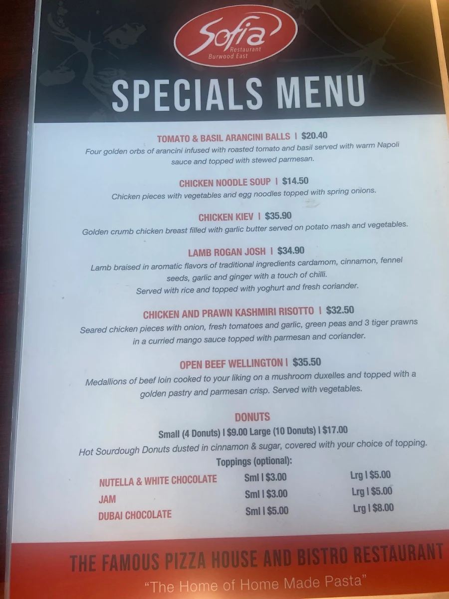 Menu, Sofia Burwood Italian Pizza Restaurant
