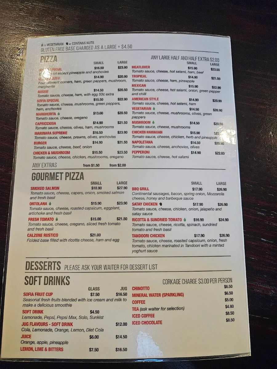 Menu, Sofia Burwood Italian Pizza Restaurant