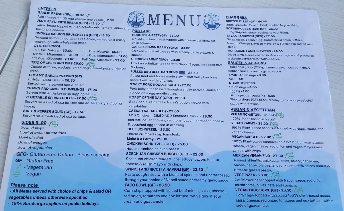 Menu, Beauty Point Waterfront Hotel