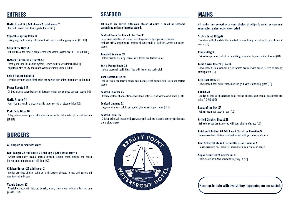 Menu, Beauty Point Waterfront Hotel