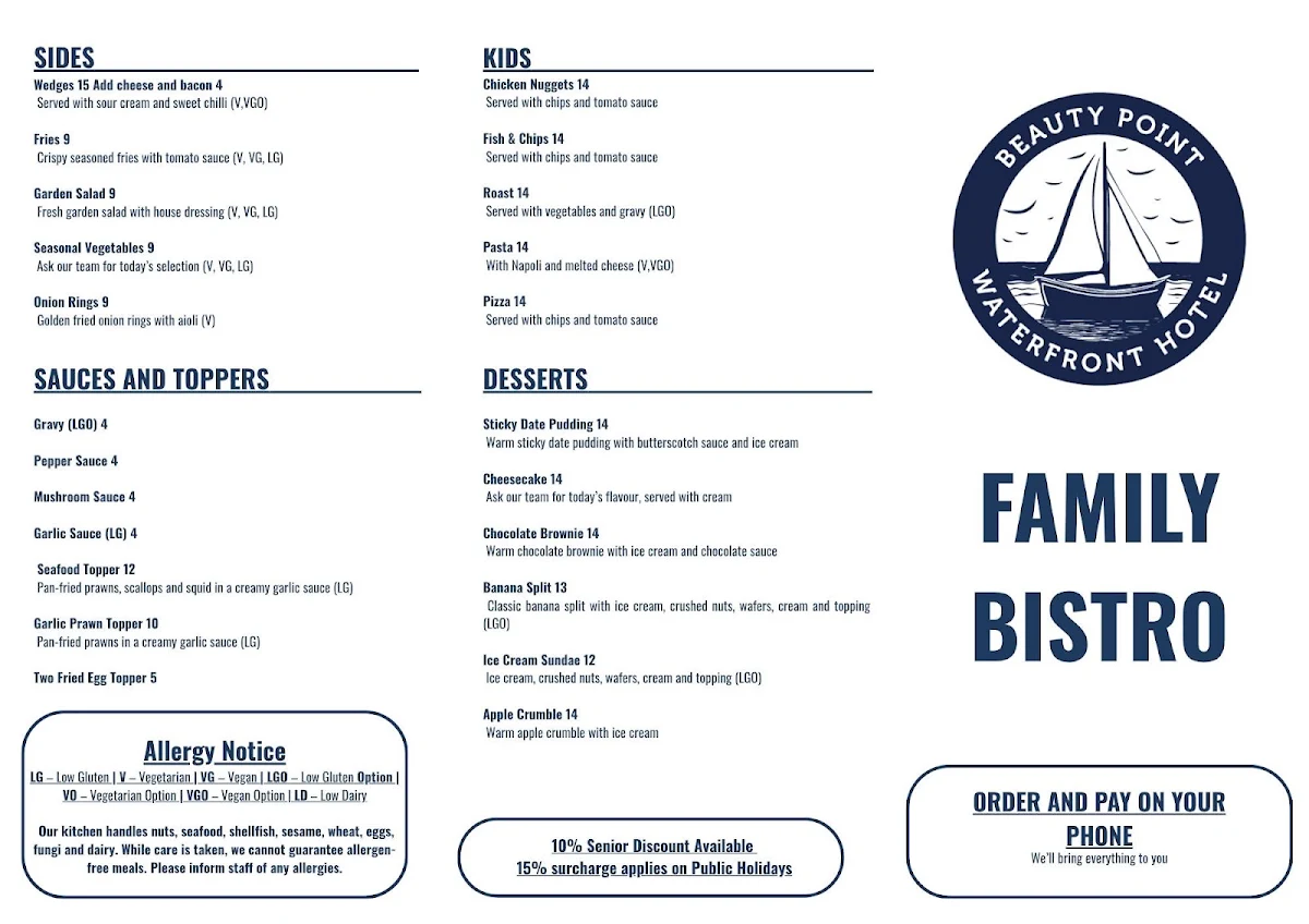 Menu, Beauty Point Waterfront Hotel