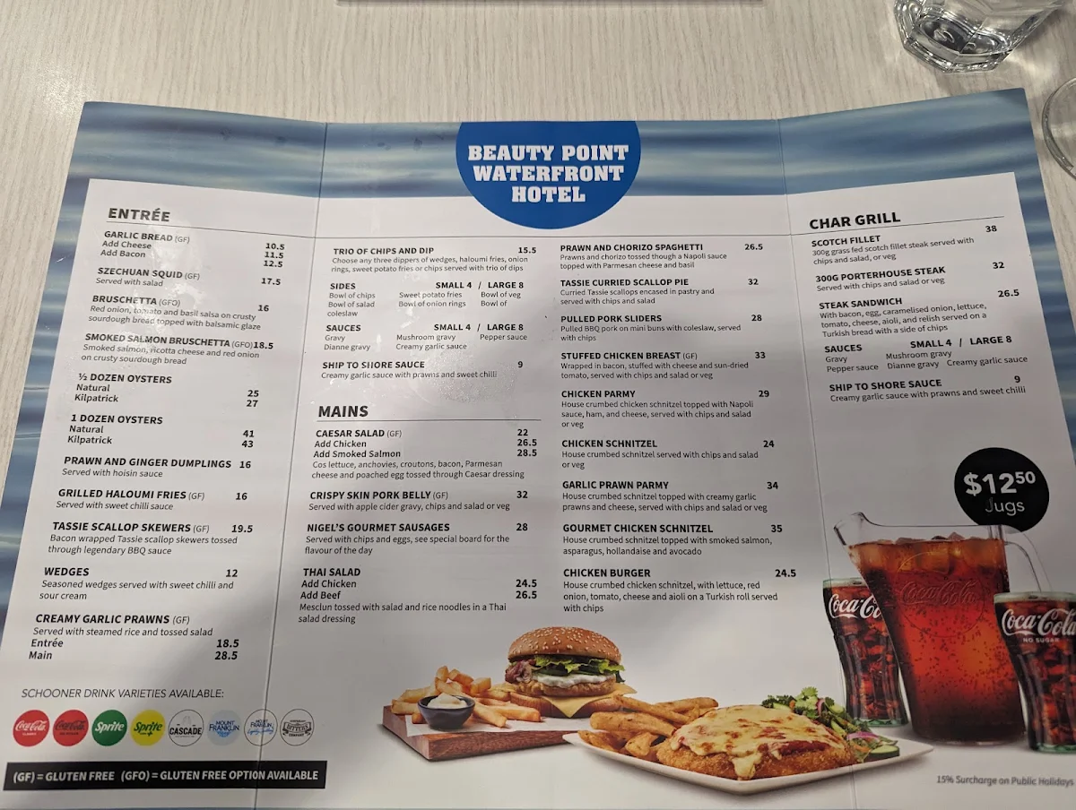 Menu, Beauty Point Waterfront Hotel