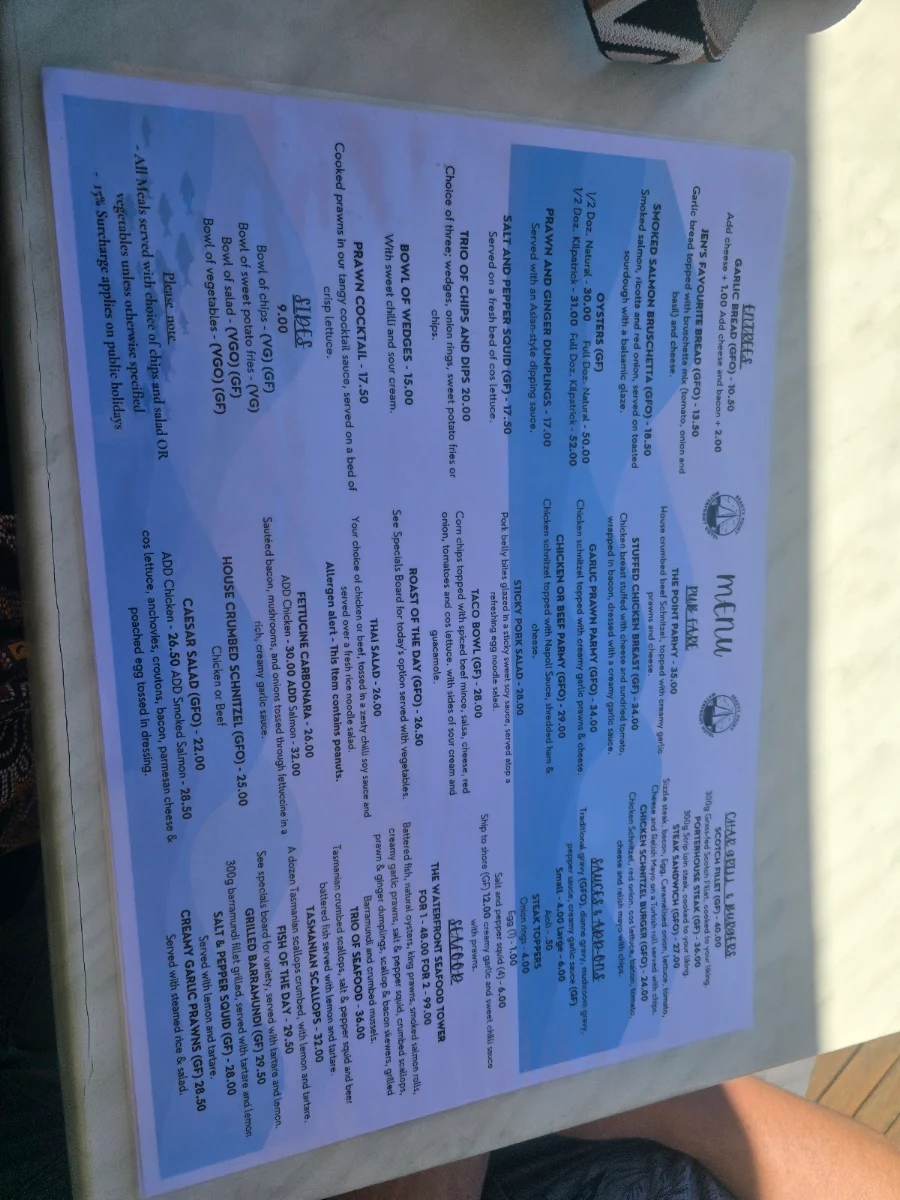 Menu, Beauty Point Waterfront Hotel
