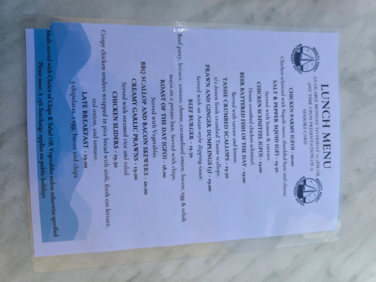 Menu, Beauty Point Waterfront Hotel