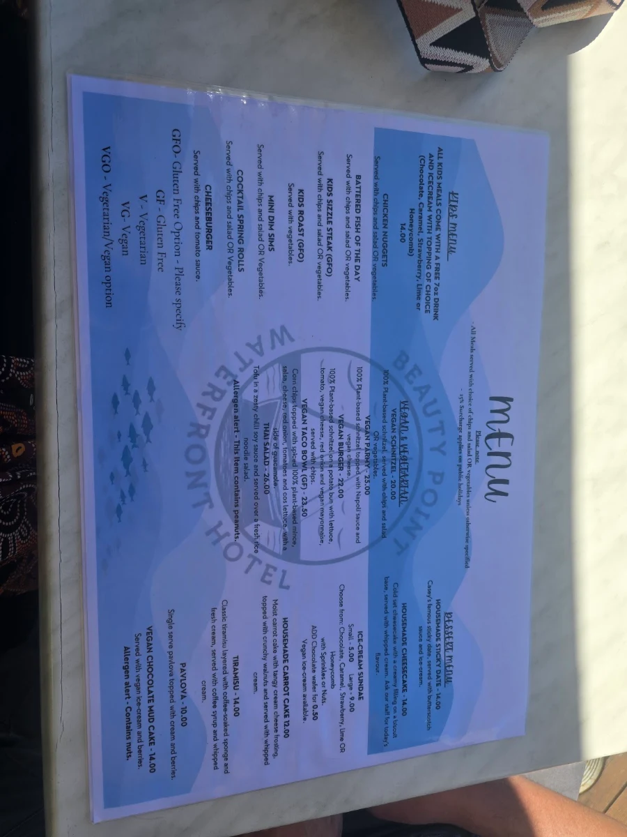 Menu, Beauty Point Waterfront Hotel