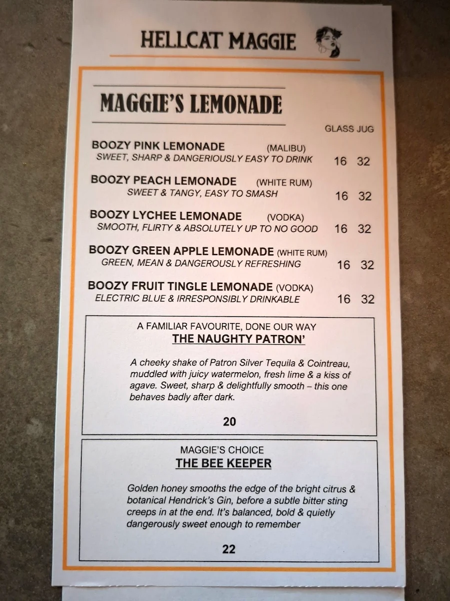 Menu, Hellcat Maggie Laneway Bar and Kitchen