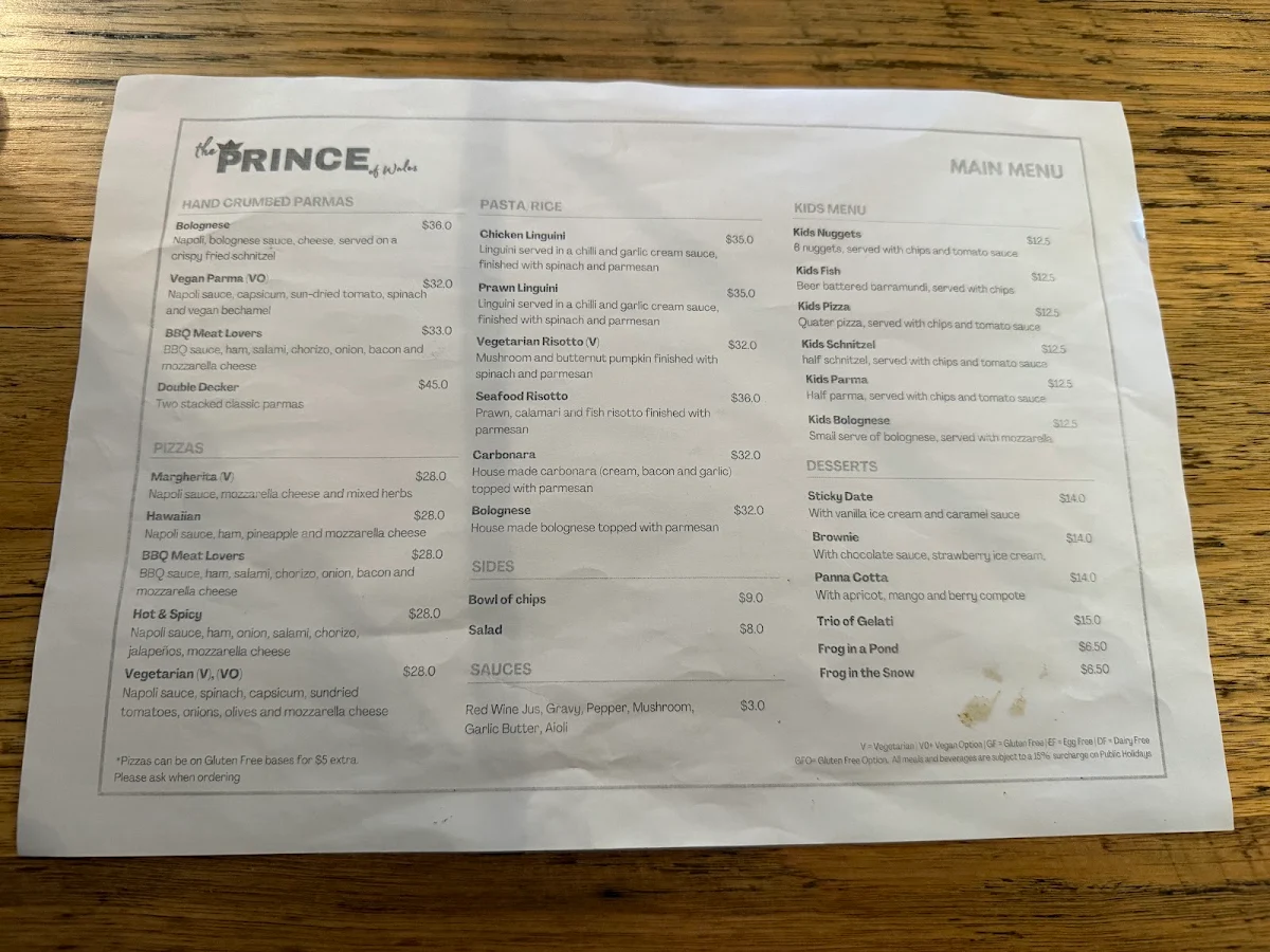 Menu, The Prince Seymour