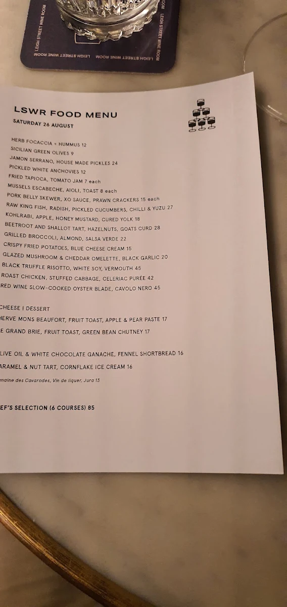 Menu, Leigh Street Wine Room