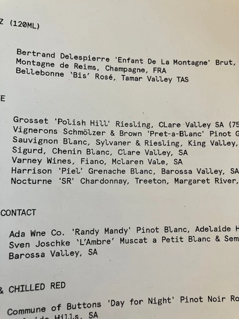 Menu, Leigh Street Wine Room