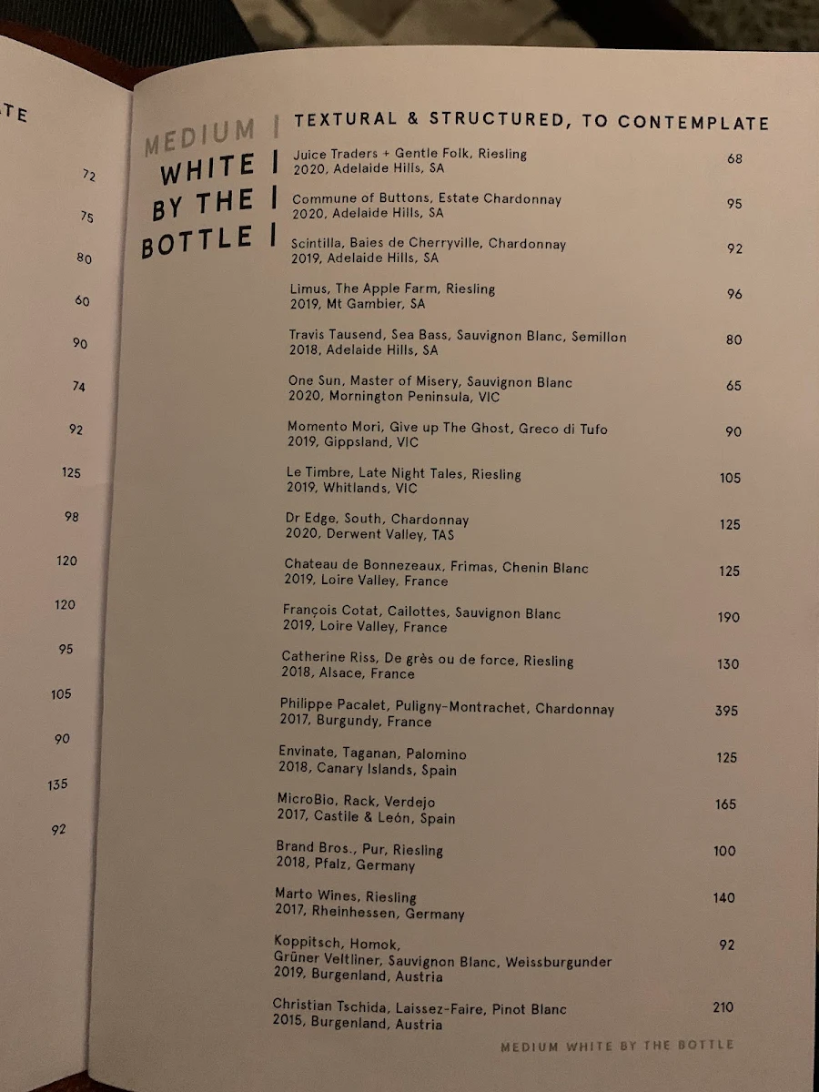 Menu, Leigh Street Wine Room