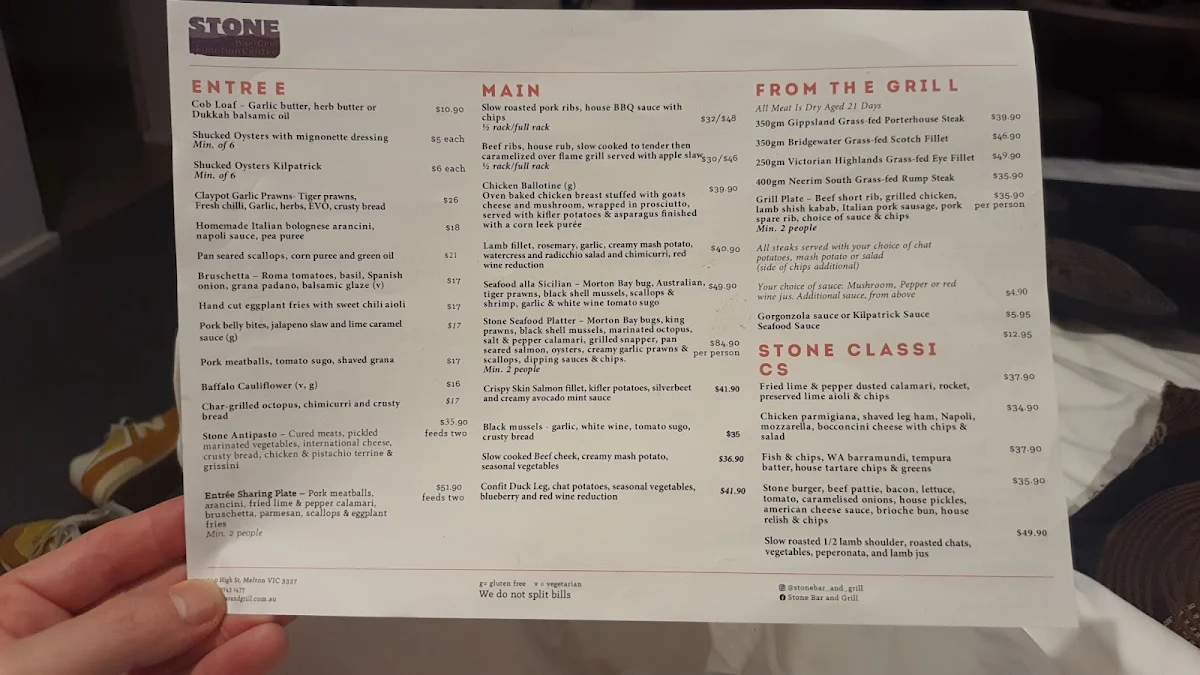 Menu, Stone Bar and Grill