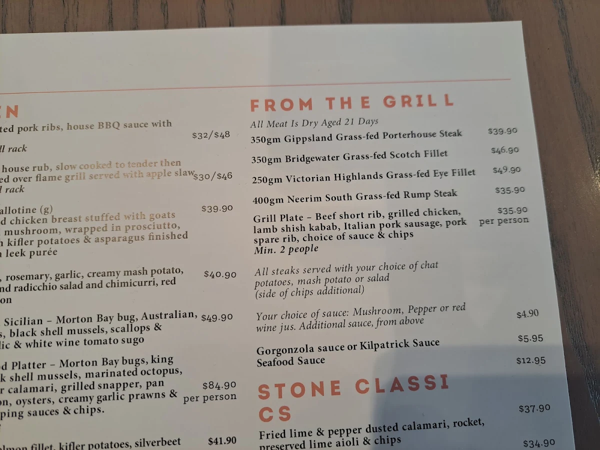 Menu, Stone Bar and Grill