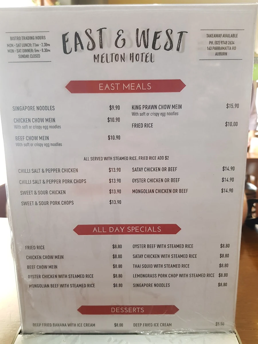 Menu, Melton Hotel