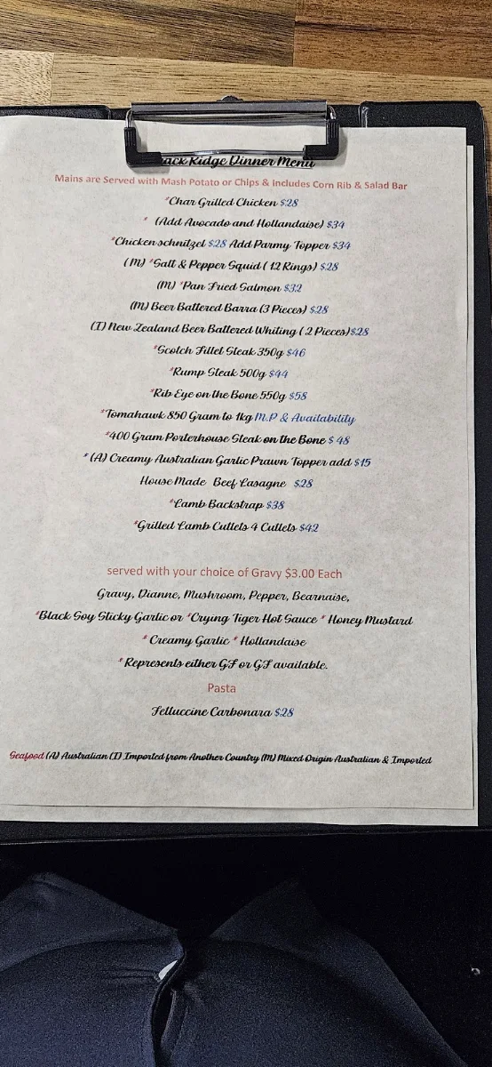 Menu, Black Ridge Restaurant Bar & Grill Forbes N.S.W