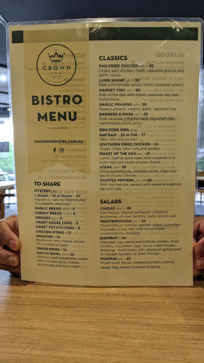 Menu, Crown Inn Old Reynella