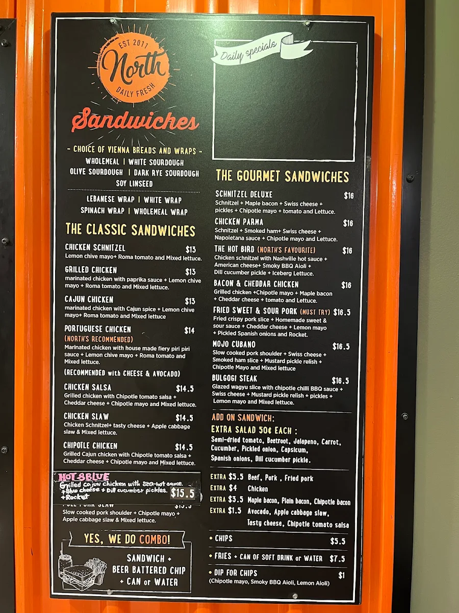 Menu, North Sandwiches and Burger Bridge St
