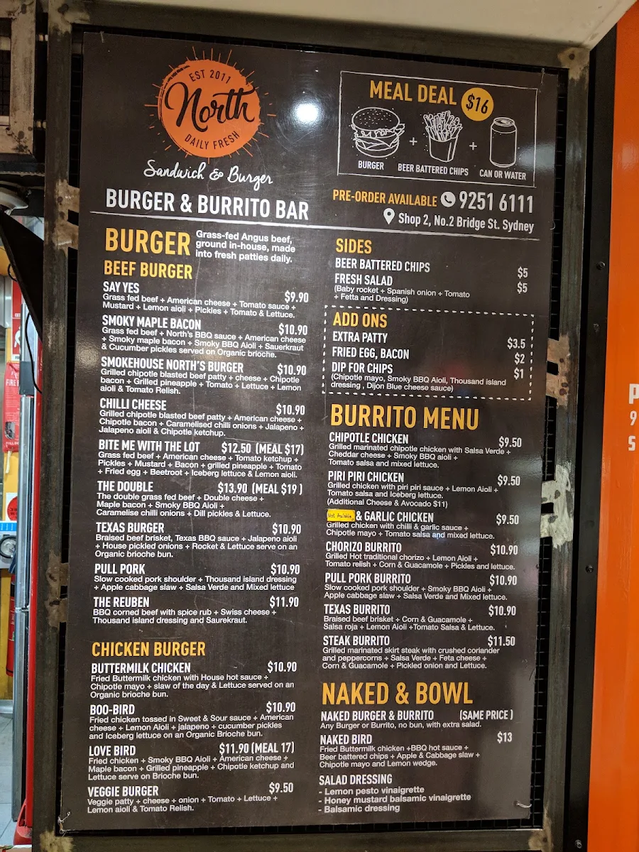 Menu, North Sandwiches and Burger Bridge St