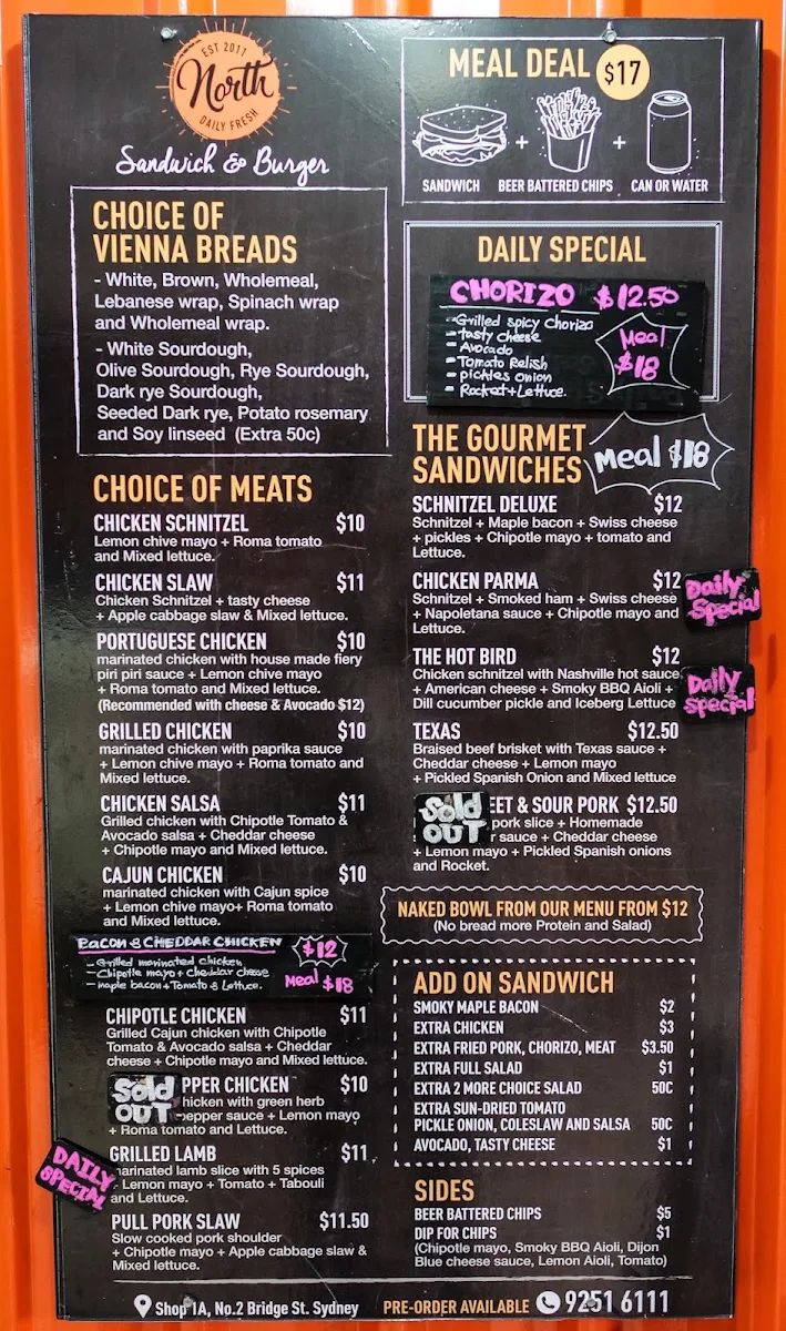Menu, North Sandwiches and Burger Bridge St
