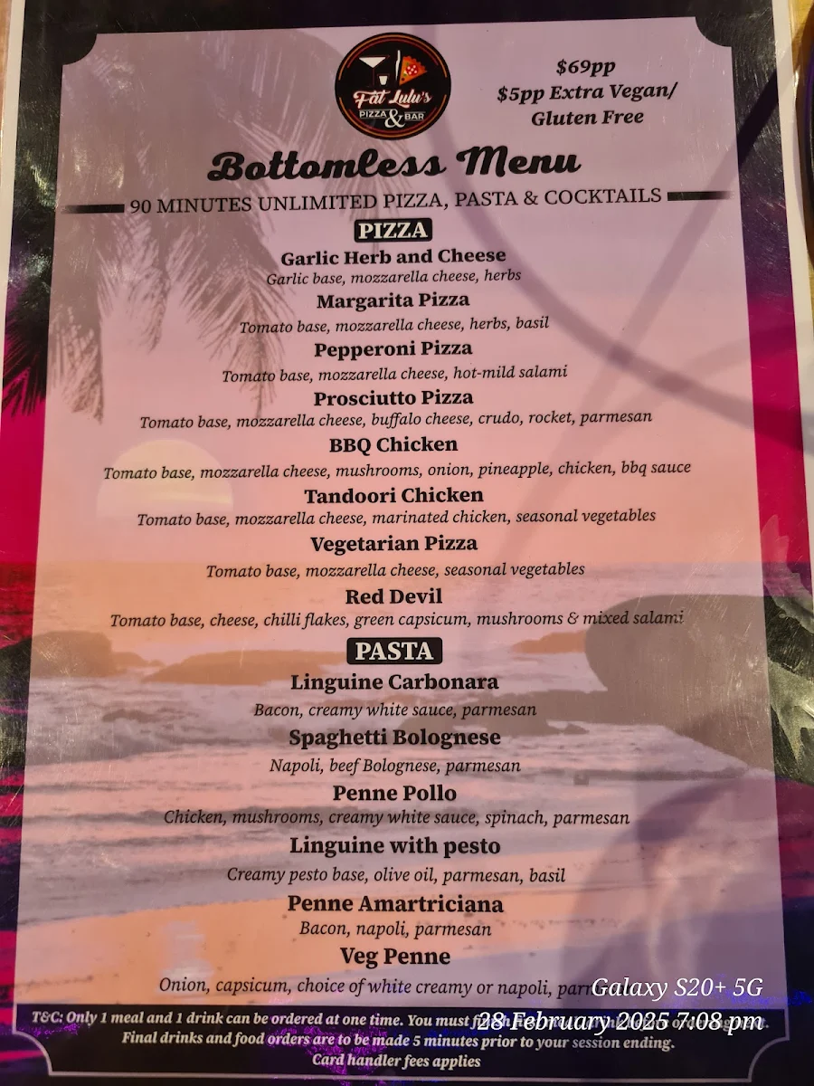 Menu, Fat Lulus Bottomless Dinner