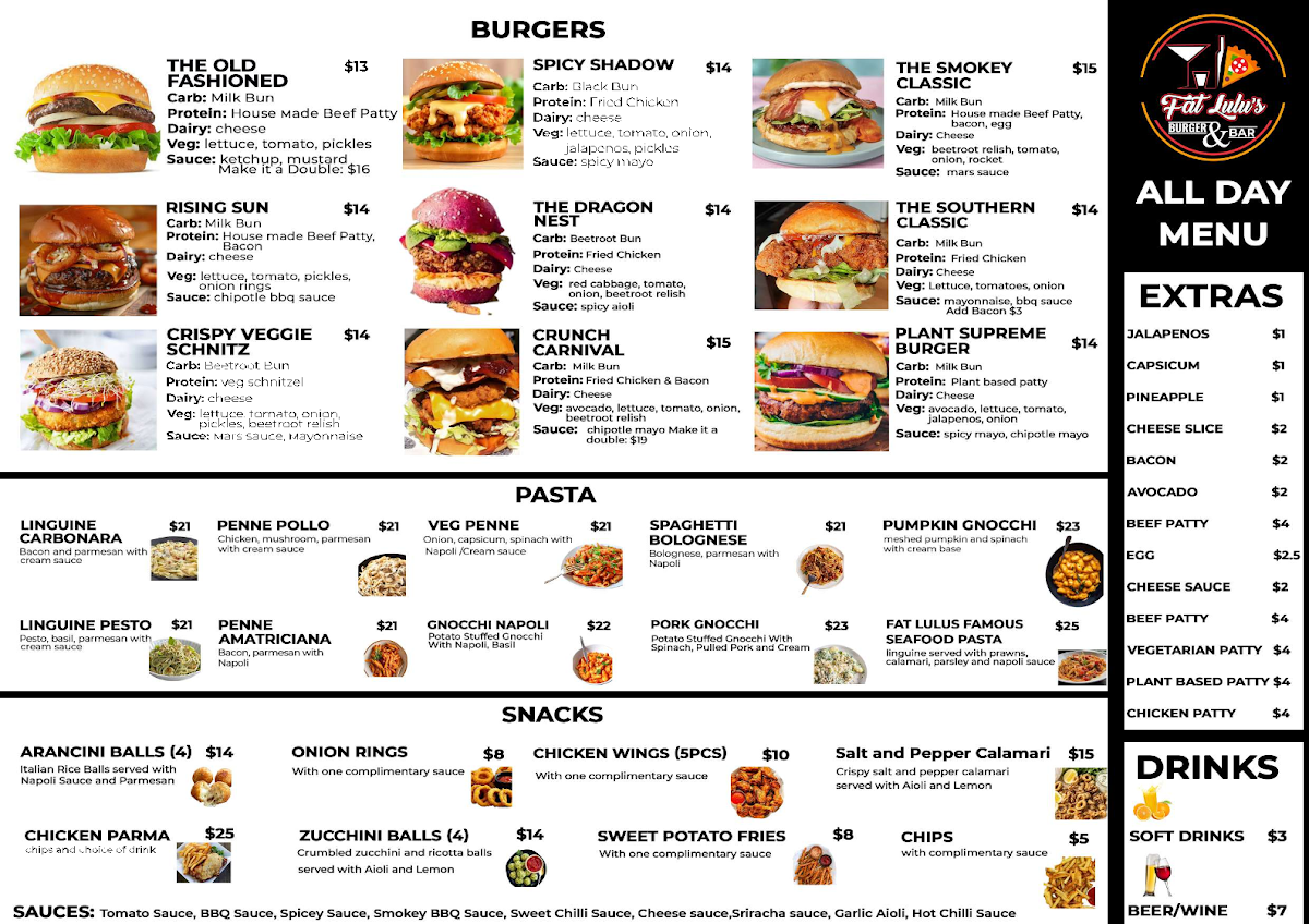 Menu, Fat Lulus Bottomless Dinner