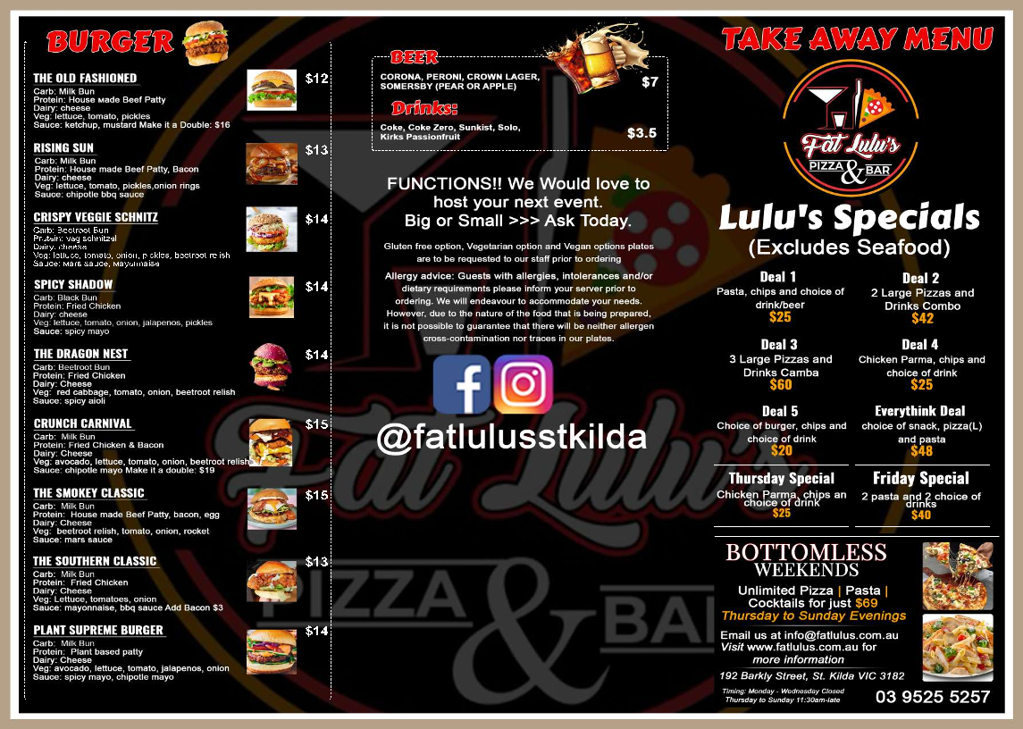Menu, Fat Lulus Bottomless Dinner