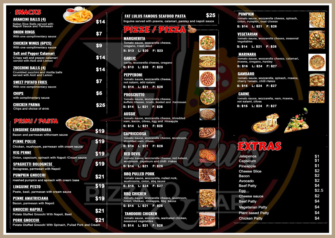 Menu, Fat Lulus Bottomless Dinner
