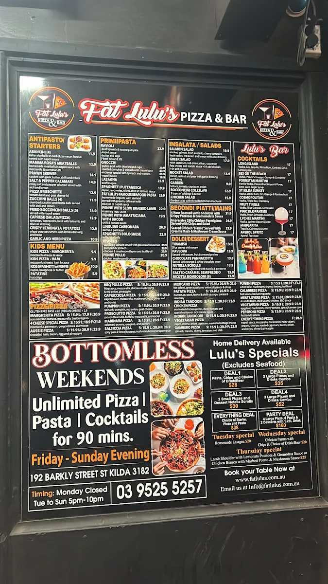 Menu, Fat Lulus Bottomless Dinner