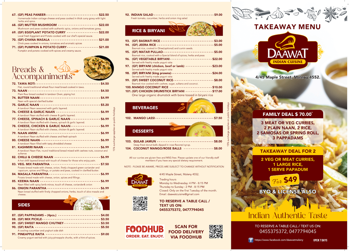 Menu, Maleny Daawat Indian Cuisine