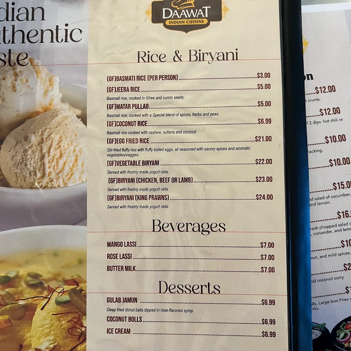 Menu, Maleny Daawat Indian Cuisine
