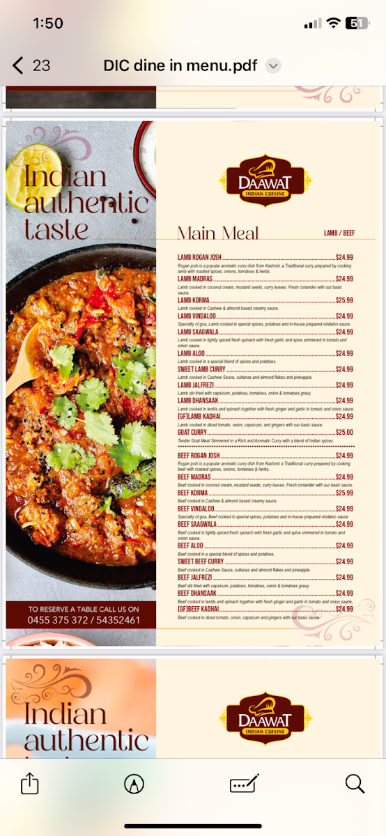 Menu, Maleny Daawat Indian Cuisine