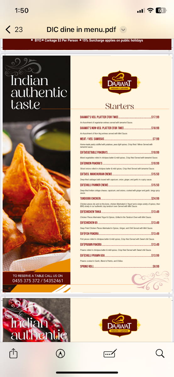 Menu, Maleny Daawat Indian Cuisine