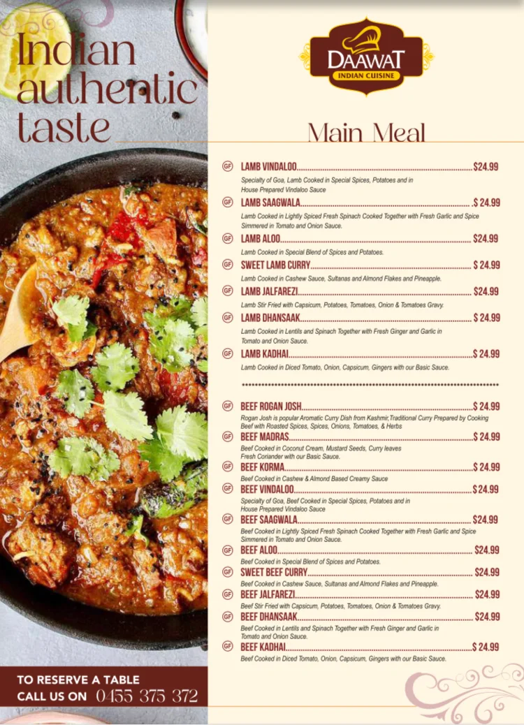 Menu, Maleny Daawat Indian Cuisine