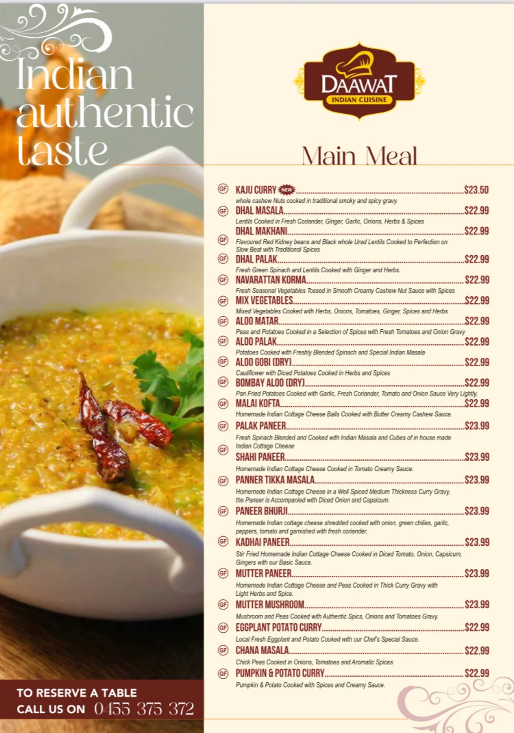 Menu, Maleny Daawat Indian Cuisine