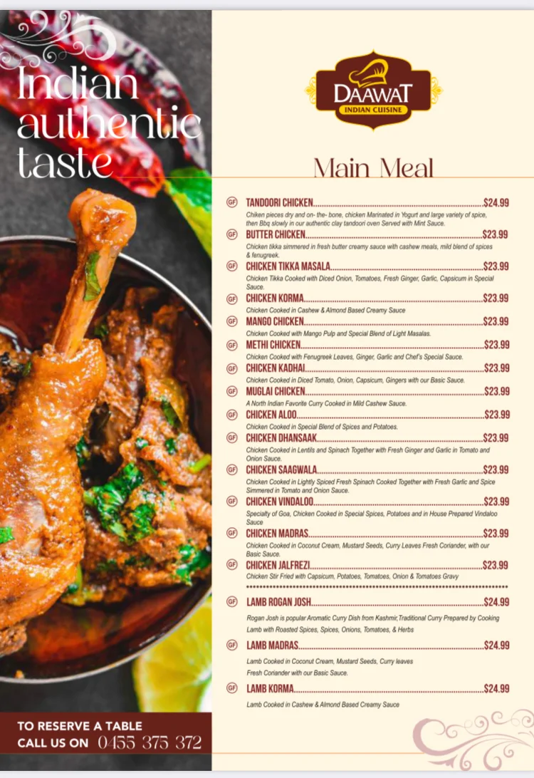 Menu, Maleny Daawat Indian Cuisine