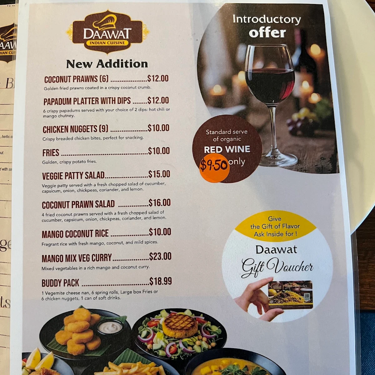 Menu, Maleny Daawat Indian Cuisine