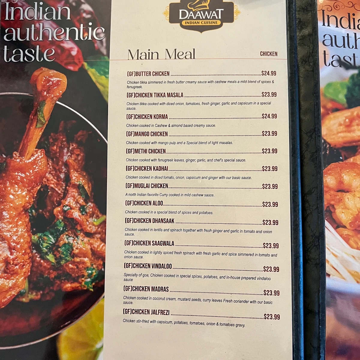 Menu, Maleny Daawat Indian Cuisine