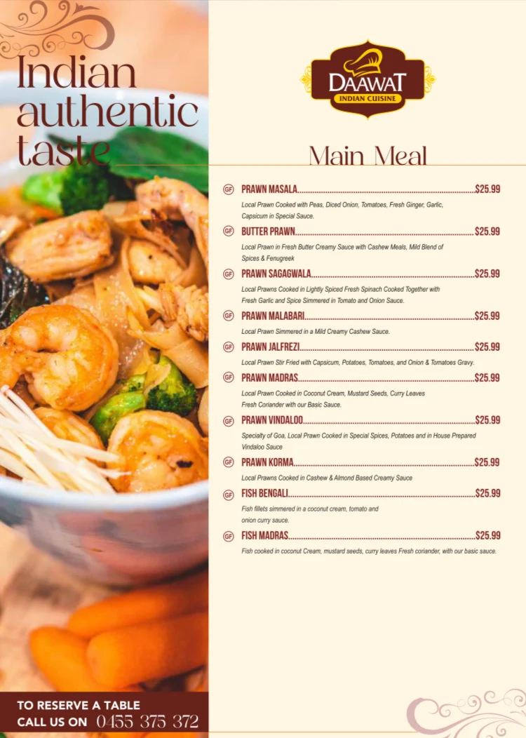 Menu, Maleny Daawat Indian Cuisine
