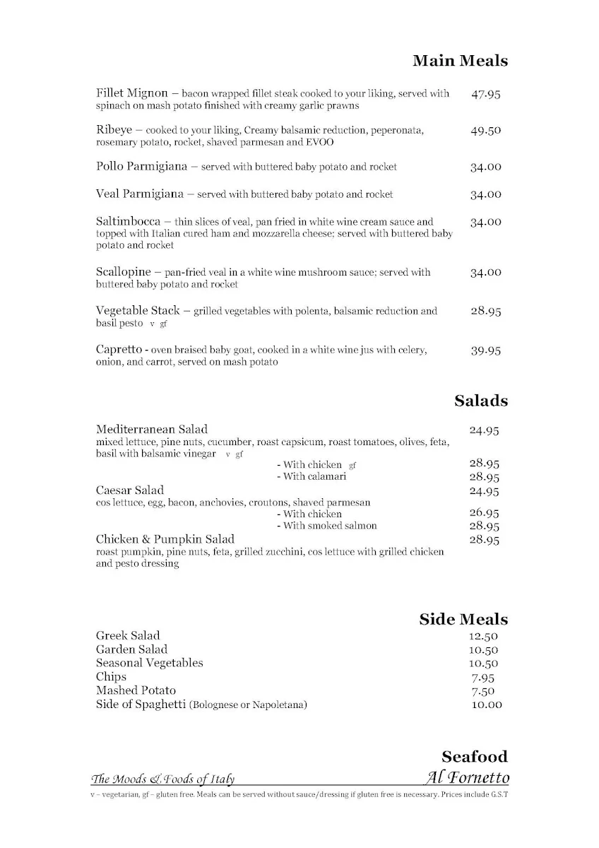 Menu, AL Fornetto