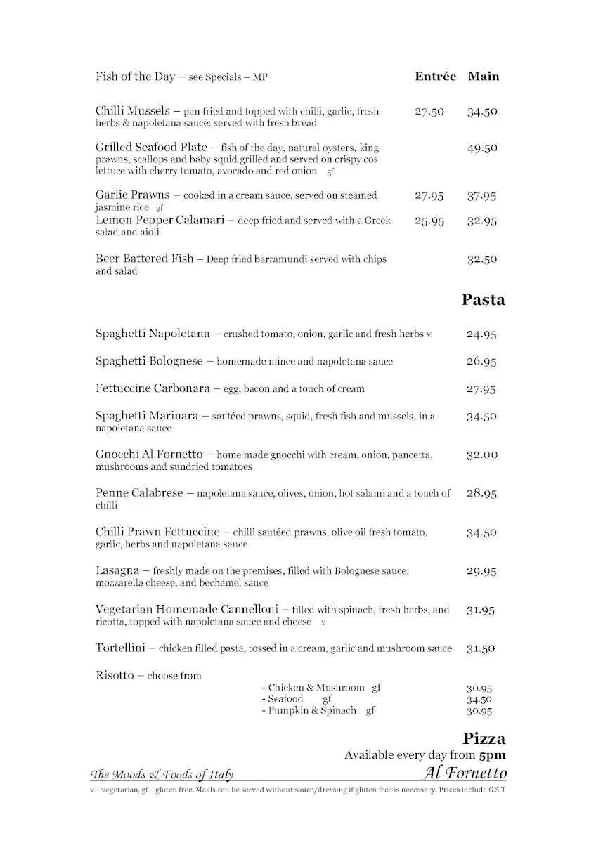 Menu, AL Fornetto