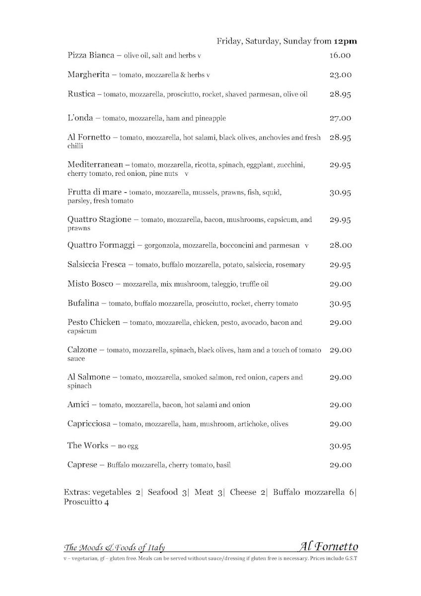 Menu, AL Fornetto