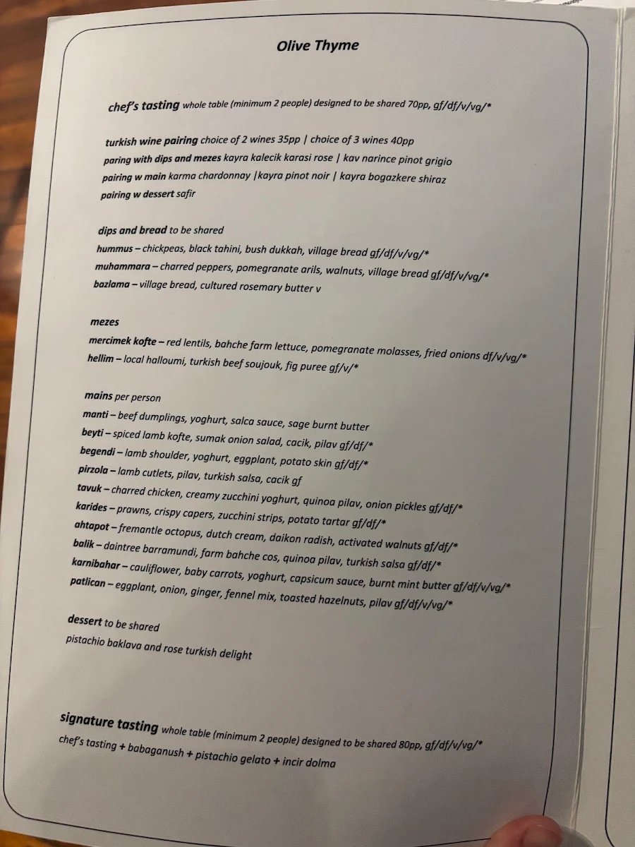 Menu, Olive Thyme