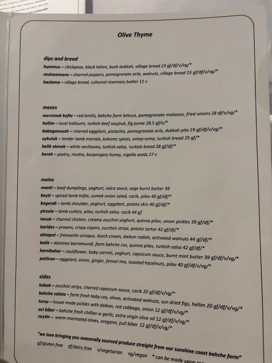 Menu, Olive Thyme