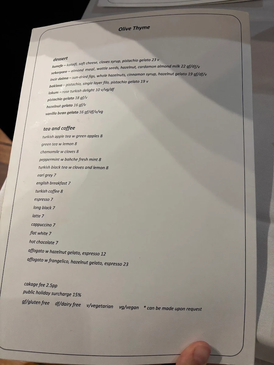 Menu, Olive Thyme