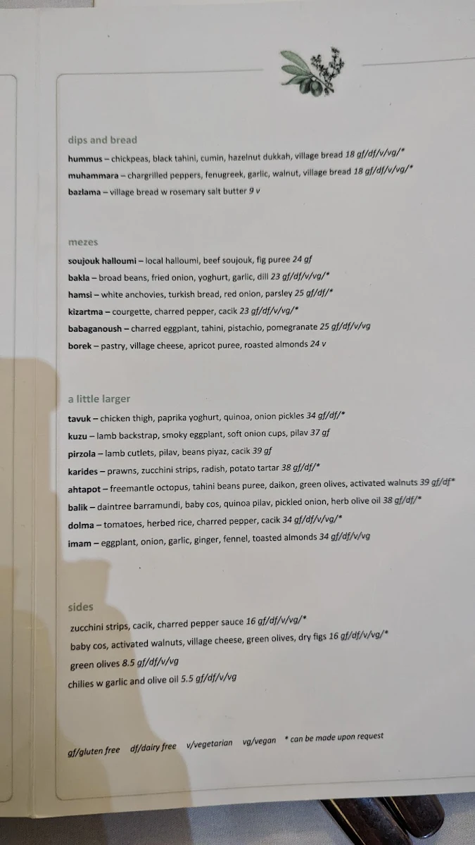 Menu, Olive Thyme