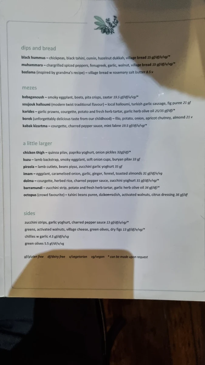 Menu, Olive Thyme