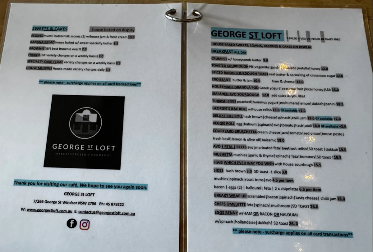 Menu, George St Loft
