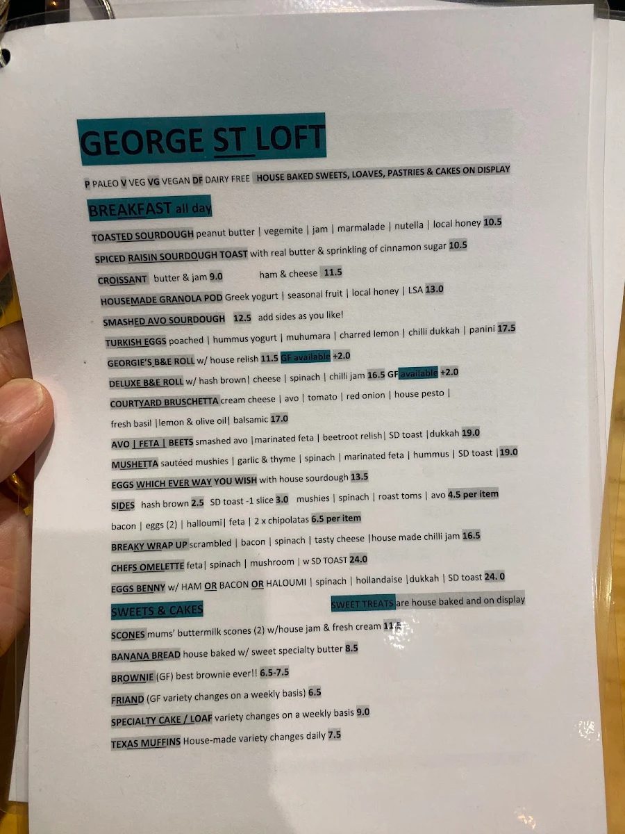 Menu, George St Loft