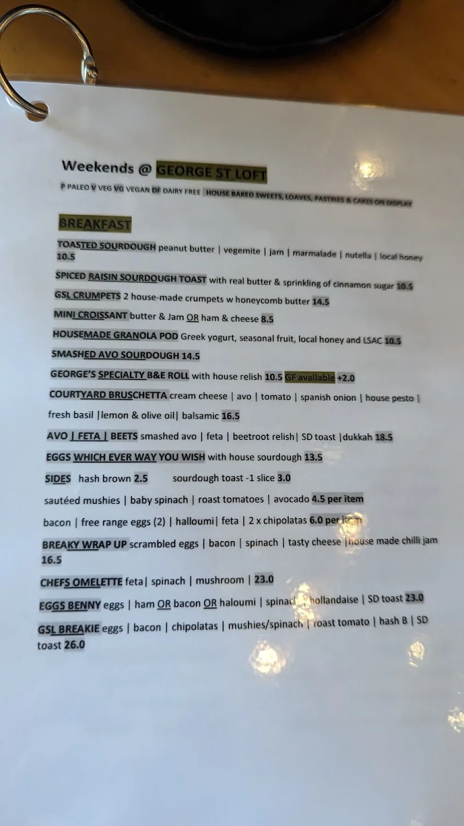 Menu, George St Loft